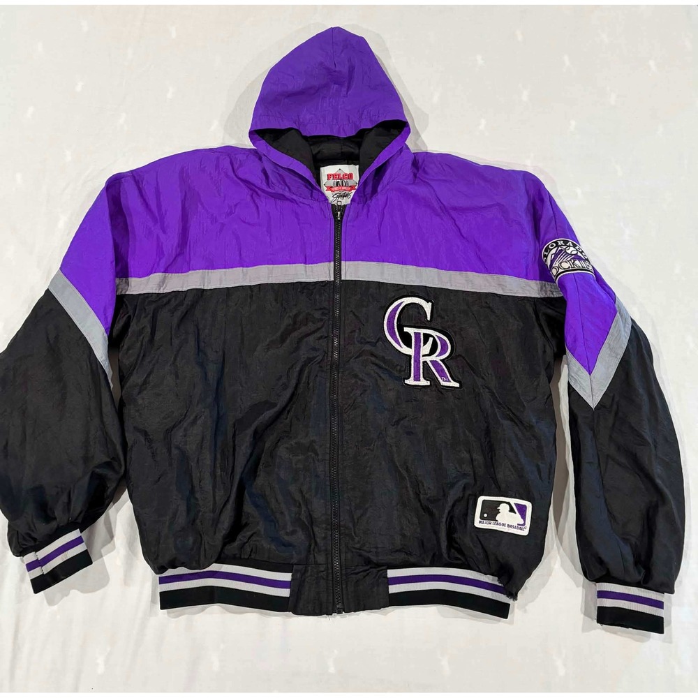 Vintage‎ Colorado Rockies Felco MLB Hooded Windbreaker Jacket Purple Black XXL